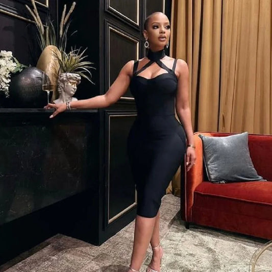 HQBORY Sexy Black Halter Bustier Bandage Dress Hollow Out Cross Bodycon Dress Cut Hole Party Club 2023 For Women XL Vestidos