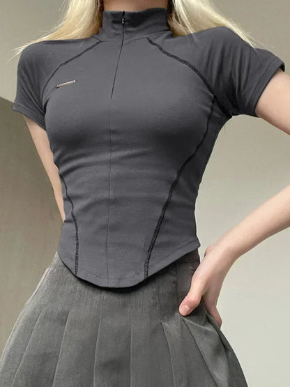 y2k Metal Crop Top Zipper Grey Short Sleeve Biker Moto Tee Korean Fashion Streetwear T Shirt Grunge Chic Outfits 90s