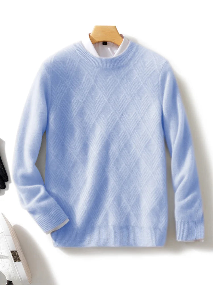 Men's 100% Wool Sweater Autumn Winter Thick O-neck Pullover Long Sleeve Rhombus Knitted Jumper Smart Casual Cashmere Knitwear