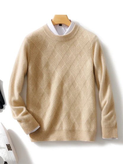 Men's 100% Wool Sweater Autumn Winter Thick O-neck Pullover Long Sleeve Rhombus Knitted Jumper Smart Casual Cashmere Knitwear