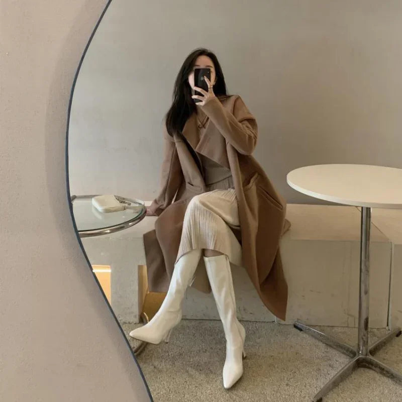 Women High Boots Fashion Pointed Toe Ladies Elegant Square High Heel Long Boots Short Plush Women Square Toe High Stretch Boots