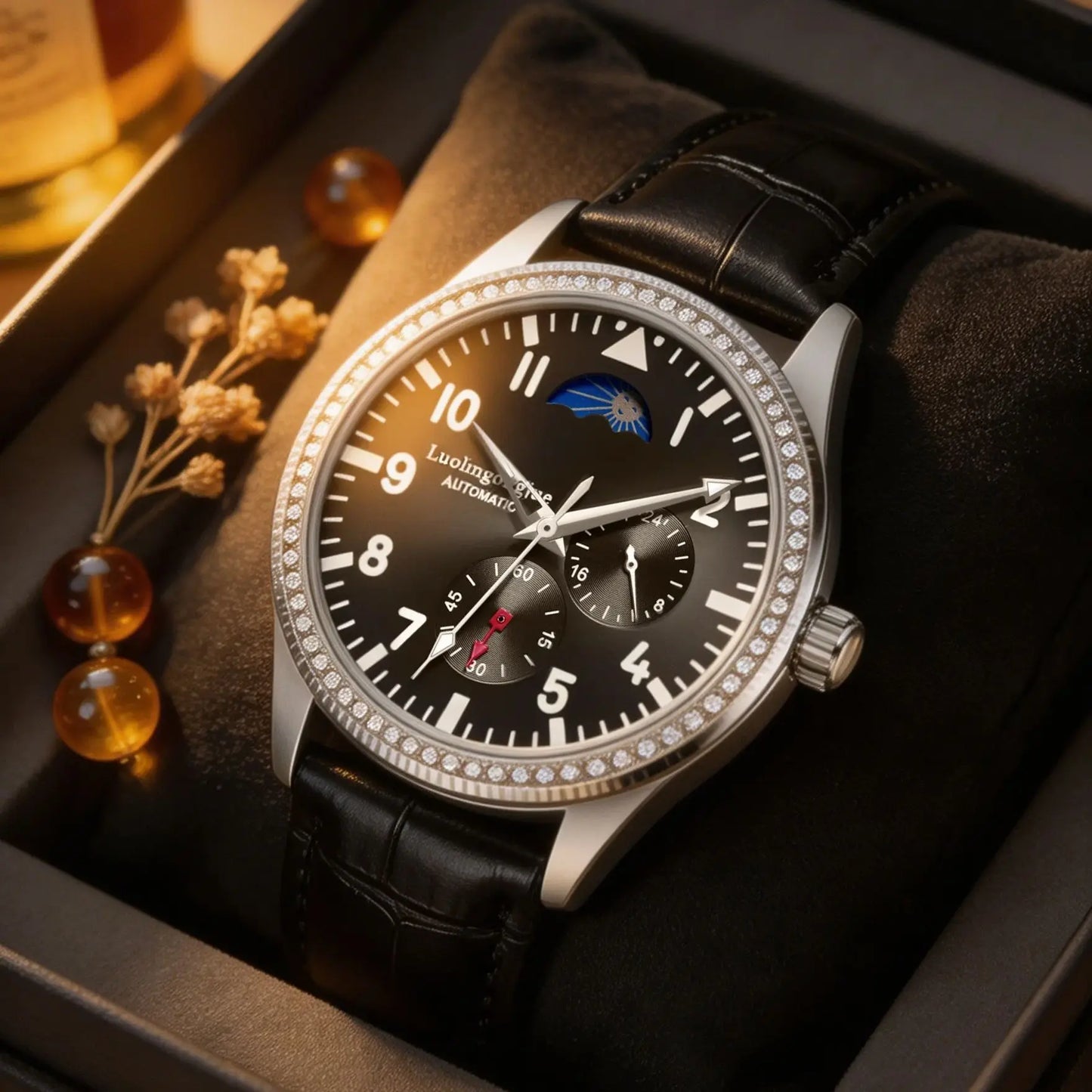 New Men's Mechanical Watch, Automatic Movement, Skeleton Design, Diamond-Encrusted Bezel, Leather Strap, Luminous Waterproof Watch, European and American Style, High Aesthetic Appeal, Business Casual, Versatile and Stylish Me