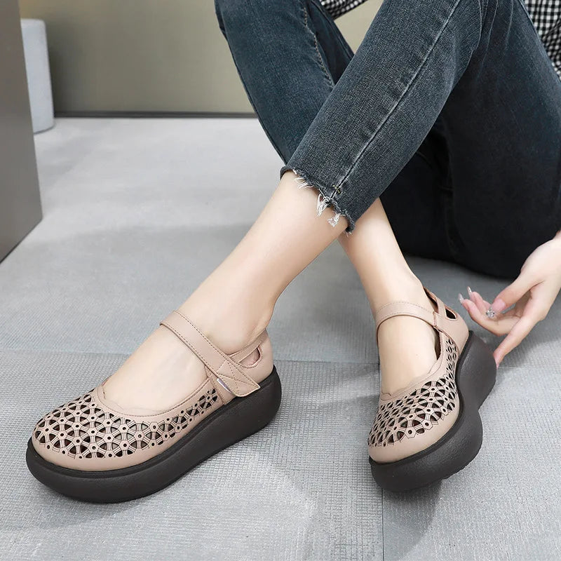 GKTINOO Genuine Leather Shoes Wedges Women Sandals 2026 New Spring Summer Hook & Loop Hollow Platform Sandals Large Size