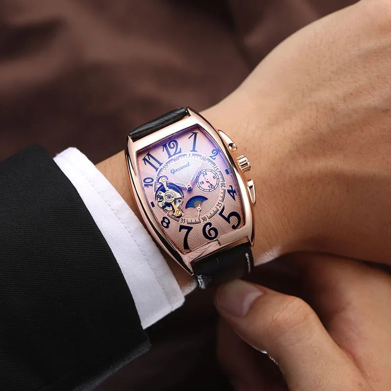 Men’s* Automatic Mechanical Watch Barrel Shape Tourbillon Design Luxury Business Wristwatch