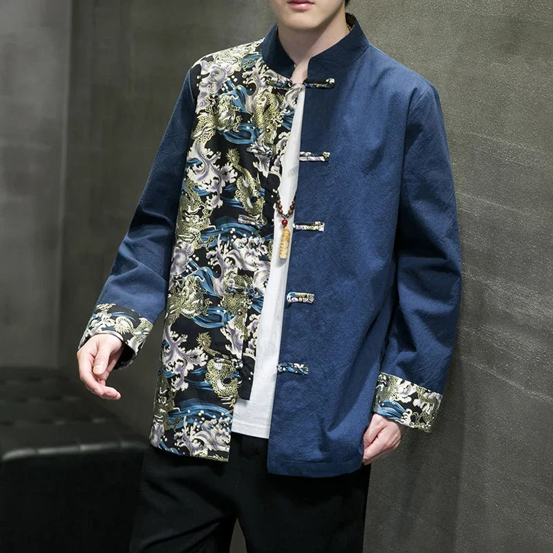 Men's Shirts Embroidered 2026 Spring Chinese Style Retro Stand Collar Jacket Cotton Linen Cardigan Men's Kungfu Loose Casual Top