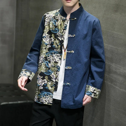 Men's Shirts Embroidered 2026 Spring Chinese Style Retro Stand Collar Jacket Cotton Linen Cardigan Men's Kungfu Loose Casual Top