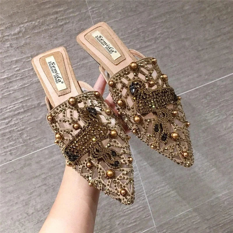 2025 Women Slippers Fashion String-bead Pointed Rhinestone Rivet Flat Women Shoes Slip-On Mules Loafer Sandals Slides