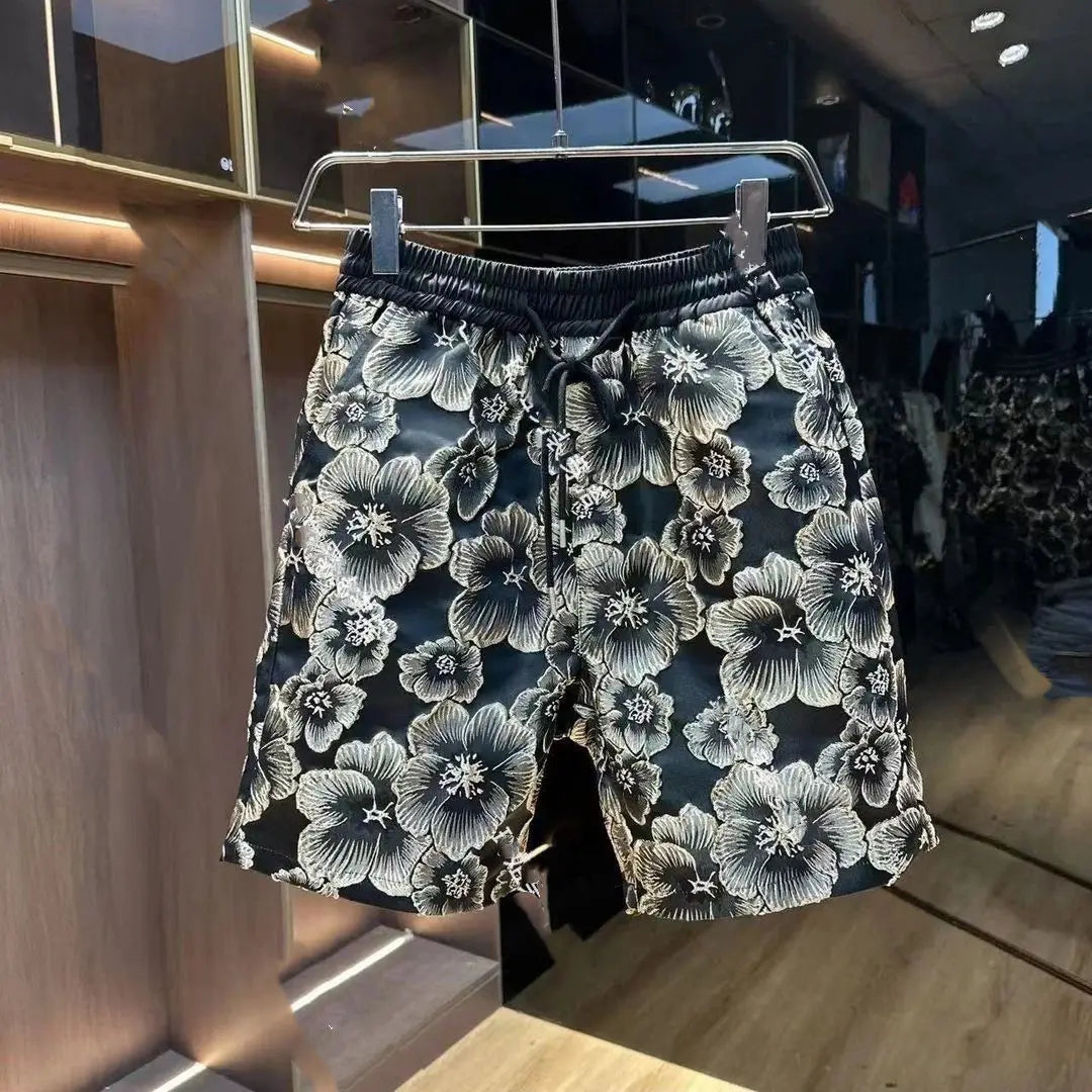 Ethnic Style Embossed Gold Flower Short Sleeve Shirt and Shorts Set