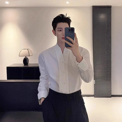 French Stand Collar White Long Sleeve Men, High-End Chic Style, Suitable For Blazer Layering, Slim Fit Collarless Shirt
