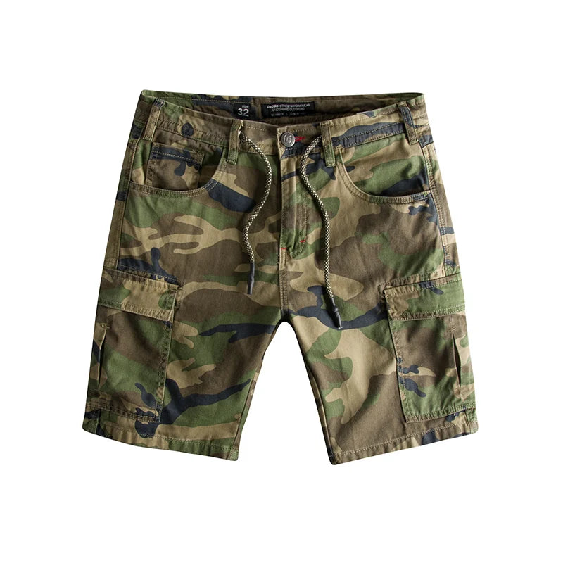 Summer New American Retro Camouflage Cargo Shorts Men's Fashion 100% Cotton Washed Drawstring Multi-pocket Casual 5-point Pants