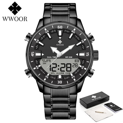 WWOOR New Top Luxury Original Sports Wrist Watch For Men Quartz Steel Waterproof Dual Display Military Watches Relogio Masculino