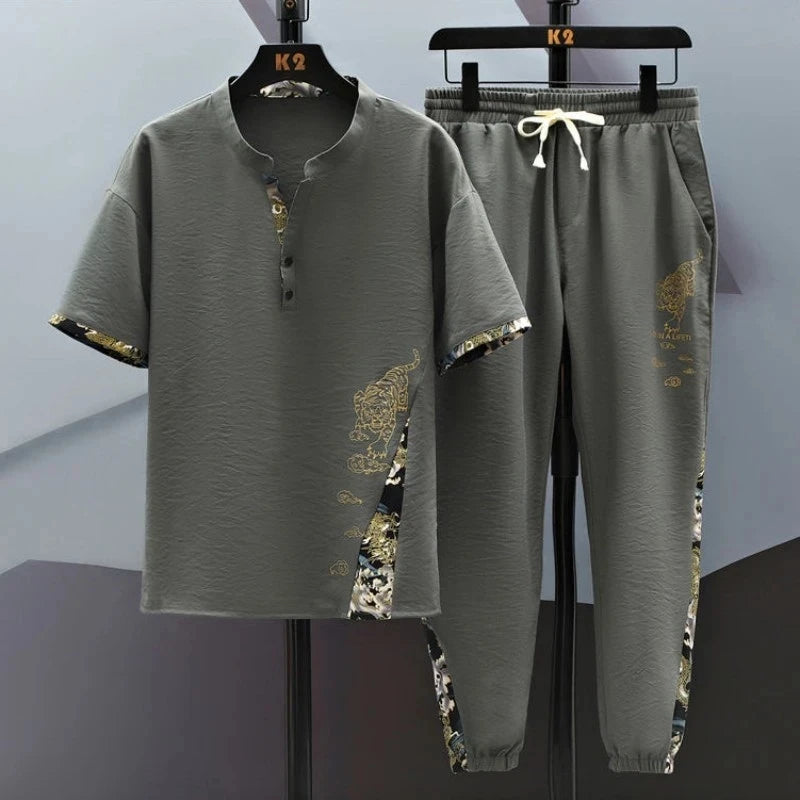 (Shirt + trousers) 2026 summer fashion men shirt Cotton shirts men's sets High quality shirts Two Piece size M-4XL TZ0195