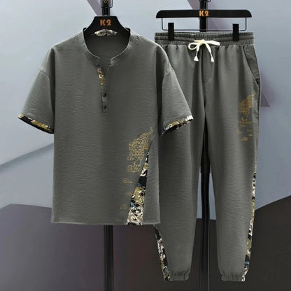(Shirt + trousers) 2026 summer fashion men shirt Cotton shirts men's sets High quality shirts Two Piece size M-4XL TZ0195