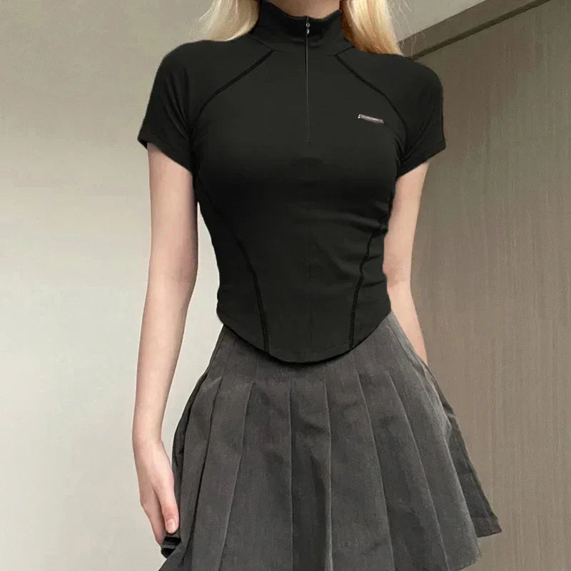 y2k Metal Crop Top Zipper Grey Short Sleeve Biker Moto Tee Korean Fashion Streetwear T Shirt Grunge Chic Outfits 90s