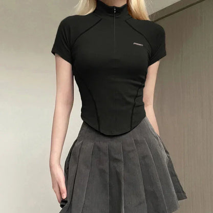 y2k Metal Crop Top Zipper Grey Short Sleeve Biker Moto Tee Korean Fashion Streetwear T Shirt Grunge Chic Outfits 90s