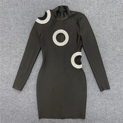 Women Sexy Hollow Out Beading Bandages Dress Long Sleeve Bodycon Clothes Club Party Celebrity Mini Dresses