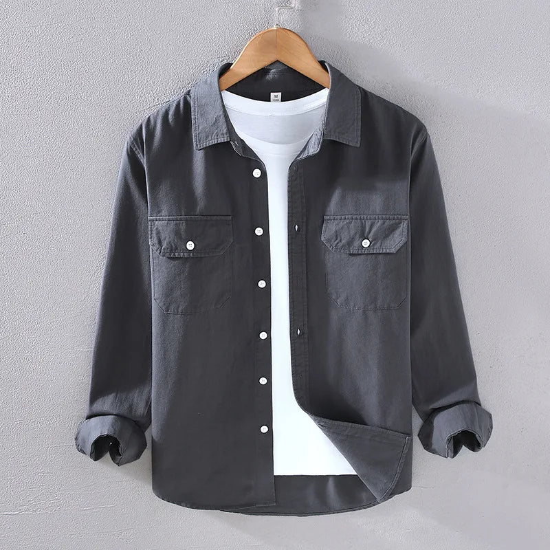 Men's Spring Autumn Long Sleeve Pure Color Cotton Casual Shirt Loose Fit Fashion Outerwear Workwear Style Zipper Closure