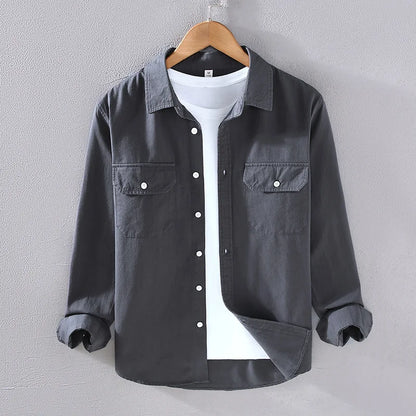 Men's Spring Autumn Long Sleeve Pure Color Cotton Casual Shirt Loose Fit Fashion Outerwear Workwear Style Zipper Closure