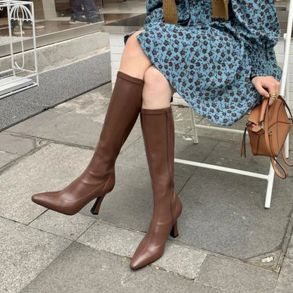 Women High Boots Fashion Pointed Toe Ladies Elegant Square High Heel Long Boots Short Plush Women Square Toe High Stretch Boots