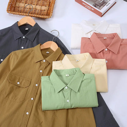 Men's Spring Autumn Long Sleeve Pure Color Cotton Casual Shirt Loose Fit Fashion Outerwear Workwear Style Zipper Closure