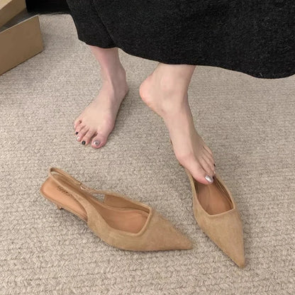 2024 Spring New Women Sandal Fashion Pointed Toe Shallow Slip On Dress Mules Shoes Thin Low Heel Slingback Sandal