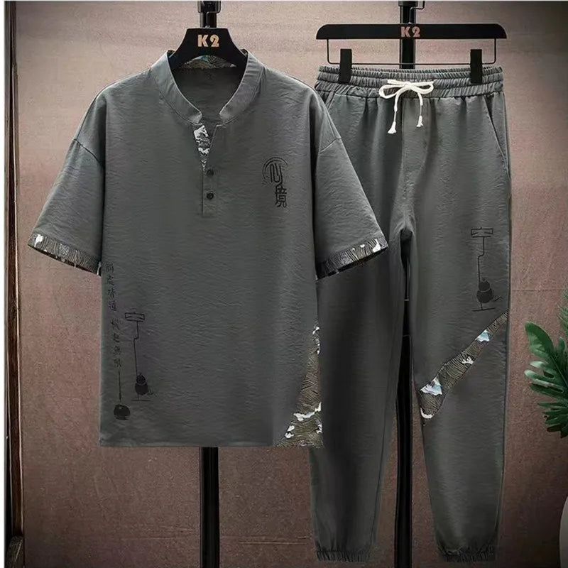 (Shirt + trousers) 2026 summer fashion men shirt Cotton shirts men's sets High quality shirts Two Piece size M-4XL TZ0195