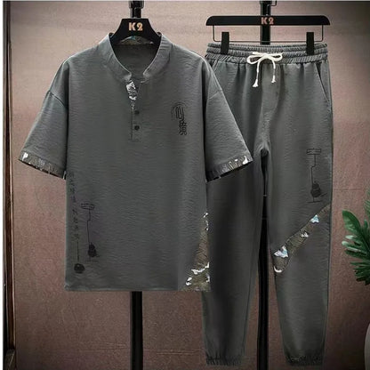 (Shirt + trousers) 2026 summer fashion men shirt Cotton shirts men's sets High quality shirts Two Piece size M-4XL TZ0195