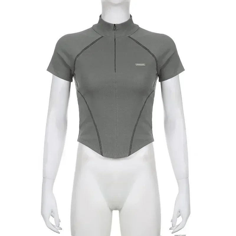y2k Metal Crop Top Zipper Grey Short Sleeve Biker Moto Tee Korean Fashion Streetwear T Shirt Grunge Chic Outfits 90s