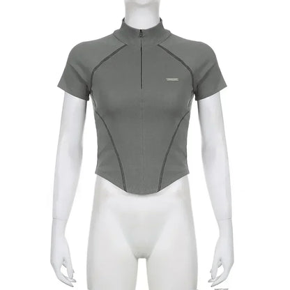 y2k Metal Crop Top Zipper Grey Short Sleeve Biker Moto Tee Korean Fashion Streetwear T Shirt Grunge Chic Outfits 90s
