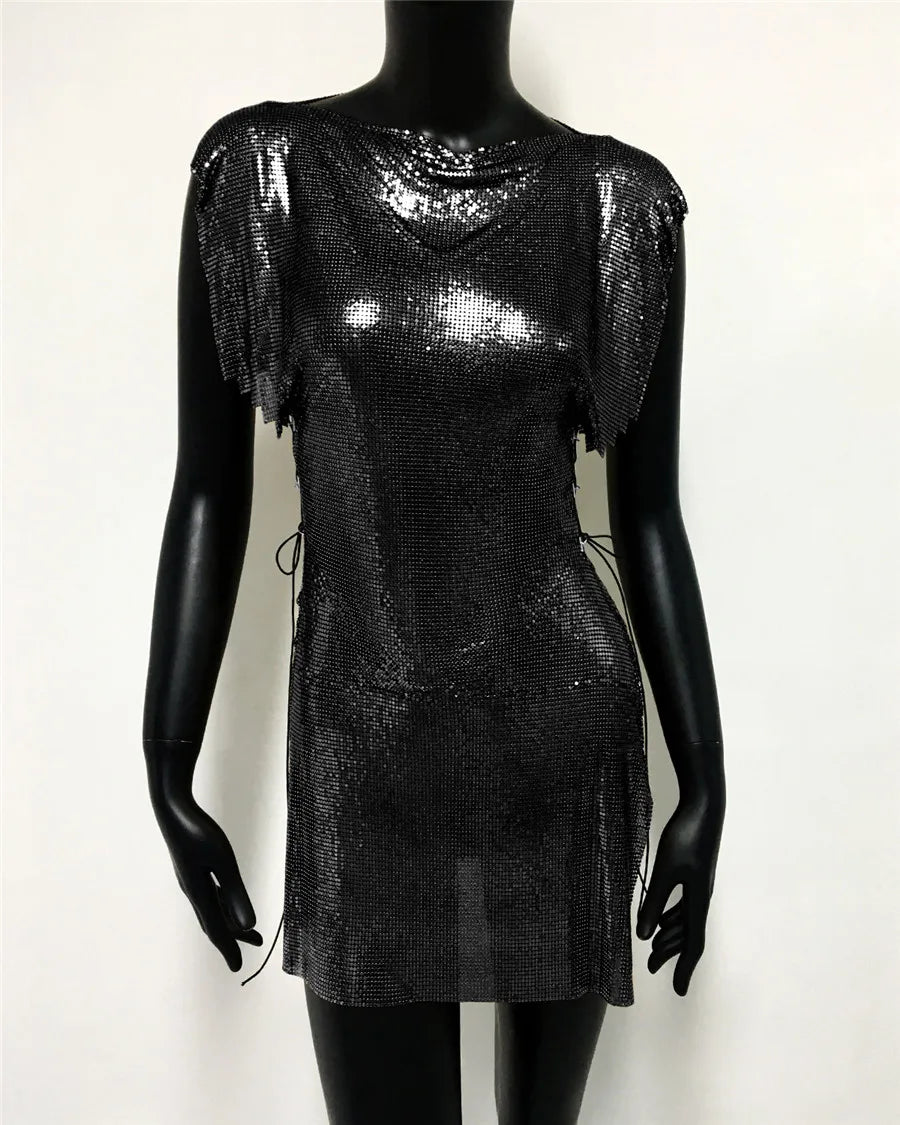 Glitter Metal Sequins Mini Dress Women Sexy Round Neck Sleeveless Side Split Bandage Dress Rave Festival Nightclub Evening Dress