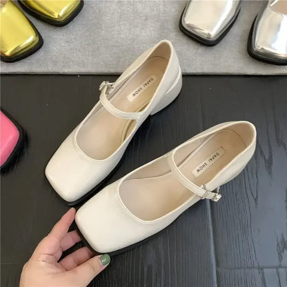 French Mary Jane's Shoes Women Pumps Spring Autumn Medium Heel Thick Square Toe Loafers Button Shallow Black Brown Women Heels