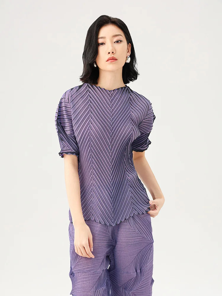Miyake Pleated Fish Scale Printed Tops Women 2023 Summer