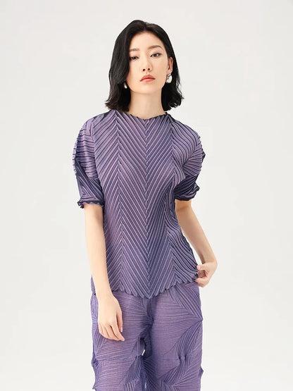 Miyake Pleated Fish Scale Printed Tops Women 2023 Summer