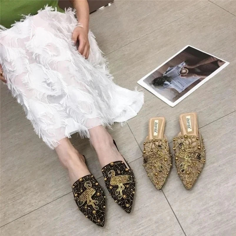 2025 Women Slippers Fashion String-bead Pointed Rhinestone Rivet Flat Women Shoes Slip-On Mules Loafer Sandals Slides