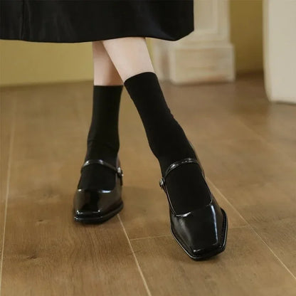 French Mary Jane's Shoes Women Pumps Spring Autumn Medium Heel Thick Square Toe Loafers Button Shallow Black Brown Women Heels