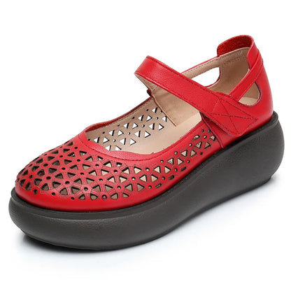 GKTINOO Genuine Leather Shoes Wedges Women Sandals 2026 New Spring Summer Hook & Loop Hollow Platform Sandals Large Size