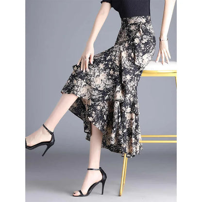 Floral Lotus Leaf Chiffon Skirt for Women in Spring and Summer New Irregular New Fishtail Mid-length Skirt