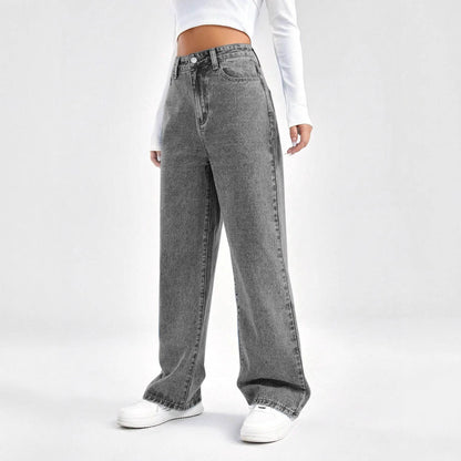 High Waist Loose Wide Leg Grey Washed Women's Jeans Comfortable Casual Street Style Denim Pants High Waist Loose Fit Jeans