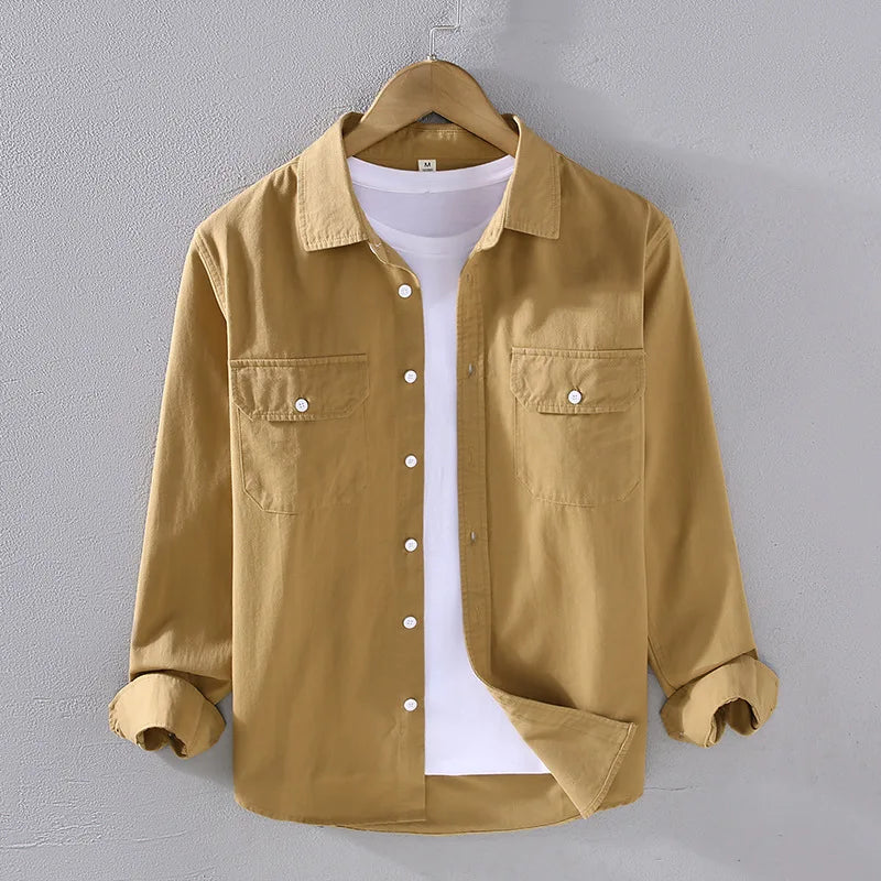 Men's Spring Autumn Long Sleeve Pure Color Cotton Casual Shirt Loose Fit Fashion Outerwear Workwear Style Zipper Closure
