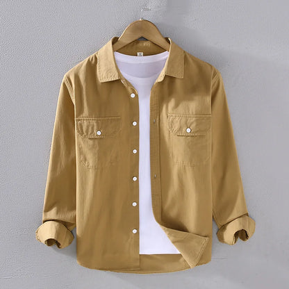 Men's Spring Autumn Long Sleeve Pure Color Cotton Casual Shirt Loose Fit Fashion Outerwear Workwear Style Zipper Closure