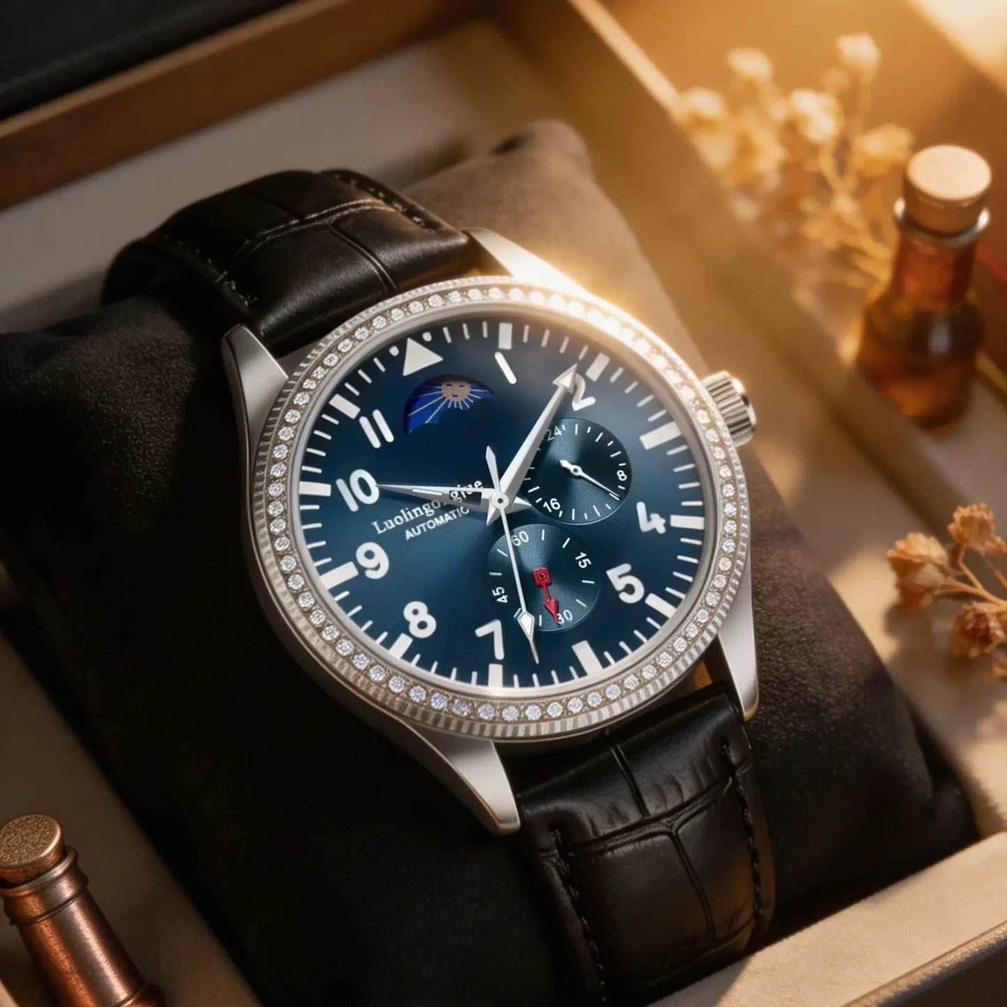New Men's Mechanical Watch, Automatic Movement, Skeleton Design, Diamond-Encrusted Bezel, Leather Strap, Luminous Waterproof Watch, European and American Style, High Aesthetic Appeal, Business Casual, Versatile and Stylish Me