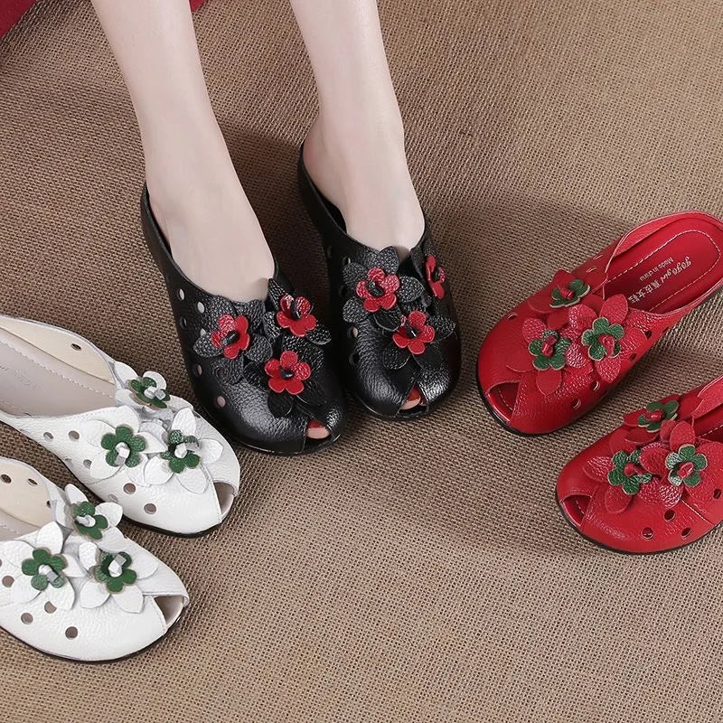 Summer Fashion Women Flat Heel Sandals Fashion Genuine Leather Handmade Flower Women Flat Heel Sandals Slippers Mother shoes