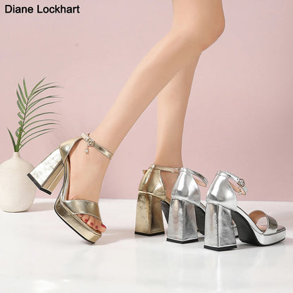 Luxury Women's Sandals Summer Shoes 2025 Ankle Straps Gold Silver High Heels Close Toe Party Shoes Female Designer Big Size 45