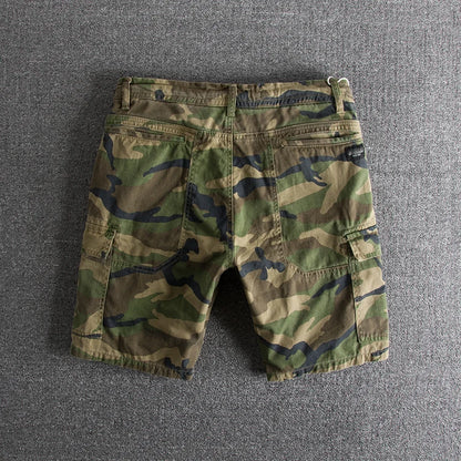 Summer New American Retro Camouflage Cargo Shorts Men's Fashion 100% Cotton Washed Drawstring Multi-pocket Casual 5-point Pants