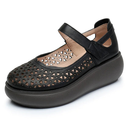 GKTINOO Genuine Leather Shoes Wedges Women Sandals 2026 New Spring Summer Hook & Loop Hollow Platform Sandals Large Size