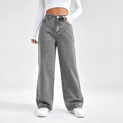 High Waist Loose Wide Leg Grey Washed Women's Jeans Comfortable Casual Street Style Denim Pants High Waist Loose Fit Jeans