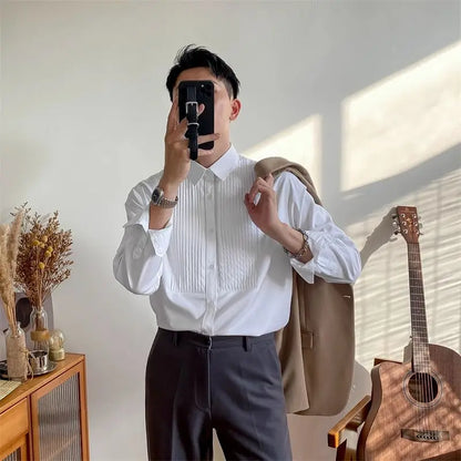 France England Style Men Shirts New Autumn Solid Lapel Button Pleated Korean Fashion Chic Business Casual Loose Long Sleeve Tops