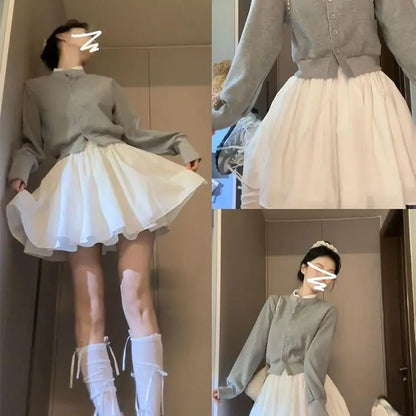 White Lace Balleri f Skirt Women's High Waist A-Line Puffy ort Skirt Spring Summer Korean Faion Polyester Fabric