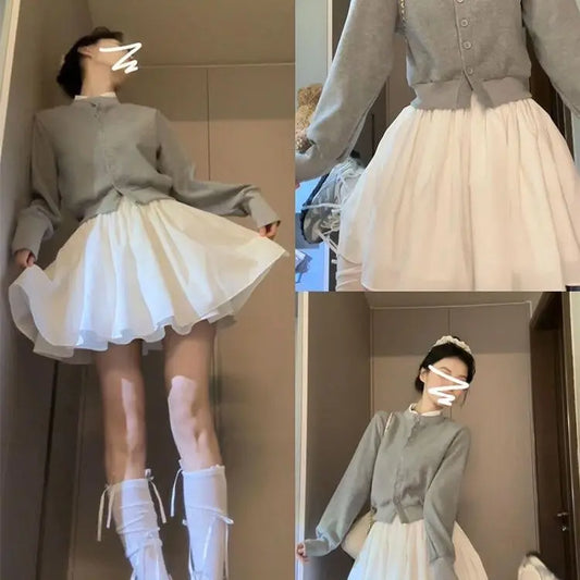 White Lace Balleri f Skirt Women's High Waist A-Line Puffy ort Skirt Spring Summer Korean Faion Polyester Fabric