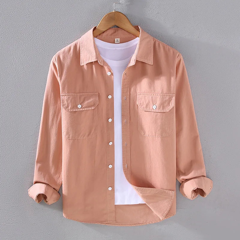 Men's Spring Autumn Long Sleeve Pure Color Cotton Casual Shirt Loose Fit Fashion Outerwear Workwear Style Zipper Closure